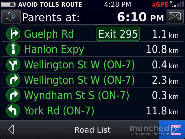 The BlackBerry Traffic directions screen with all of the roads in green, indicating no delays on the route. The top of the screen says Parents at 6:03pm (the ETA), the time on the phone is 4:28