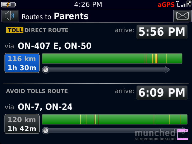 The BlackBerry Traffic app screen with the words Routes to Parents at the top and 2 different routes below, one with tolls and one avoiding tolls.