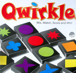 A square box with black tiles featuring symbols in a variety of colours on it. Text reads Qwirkle