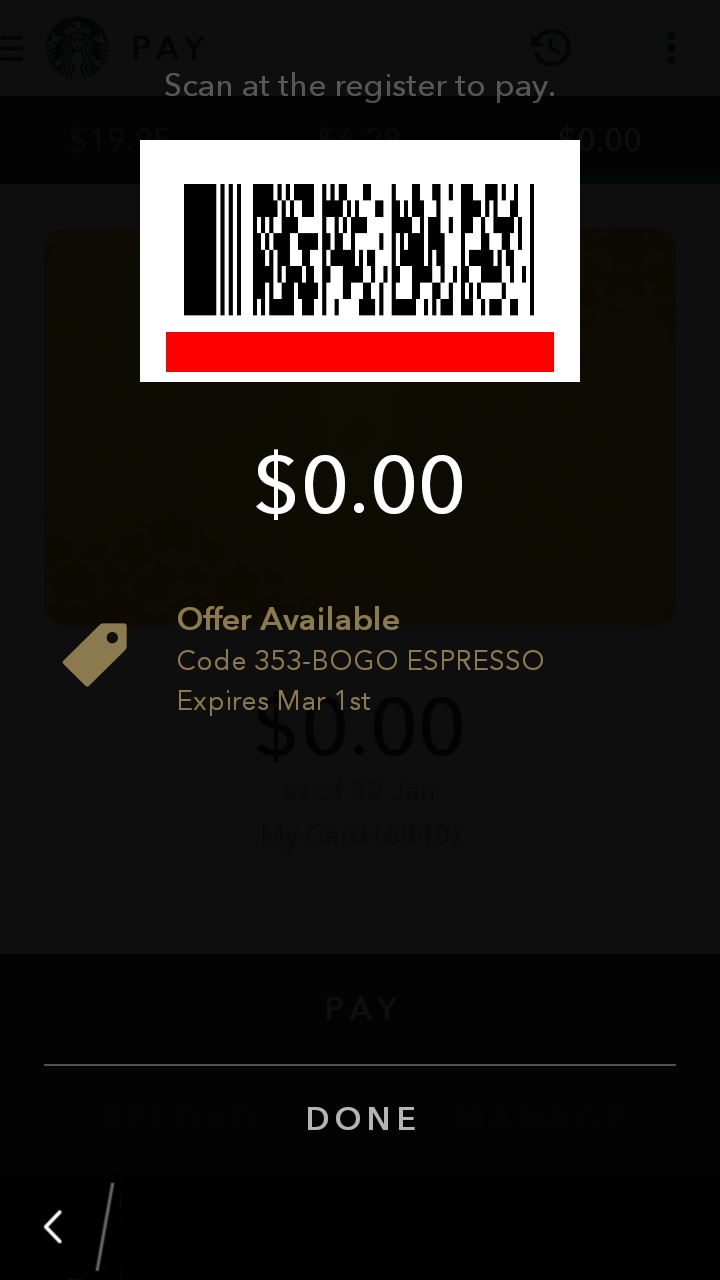 A screenshot showing the payment barcode and a 0.00 balance on the starbucks app. There is a notice that there is an offer available just below the balance!