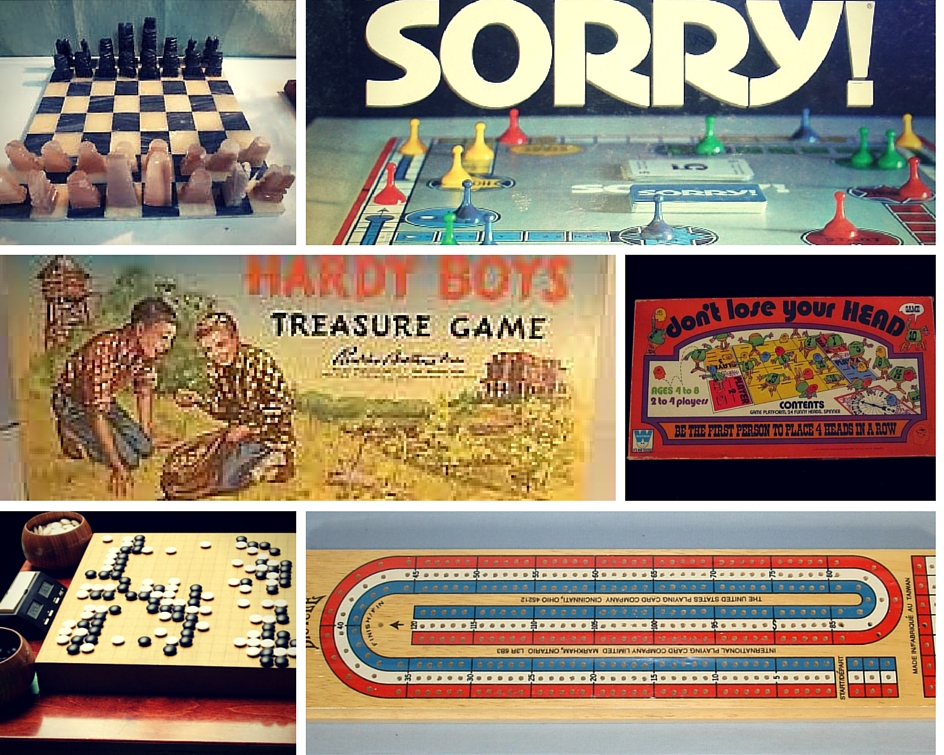 Board games including chess, sorry, the hardy boys treasure game, don't lose your head, go, and cribbage. 