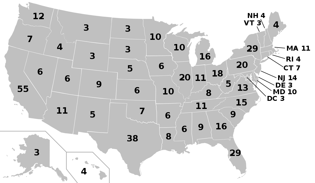 A map of the United states with numbers on each state denoting the number of electoral college votes it has