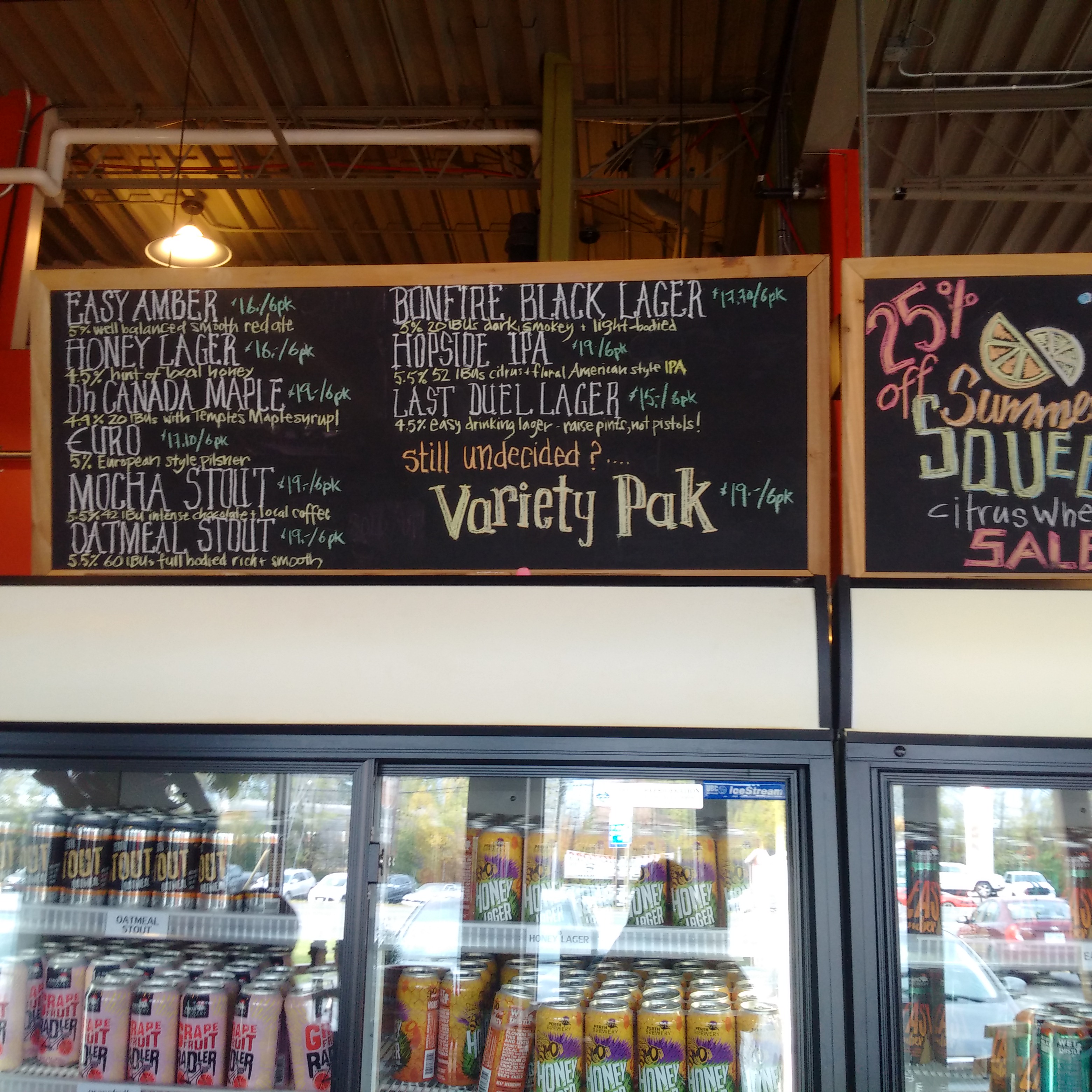 The beer board at Perth Brewery listing the different beers on tap